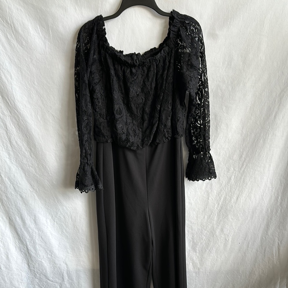 Adrianna Papell black off-the-shoulder lace jumpsuit, size 16
